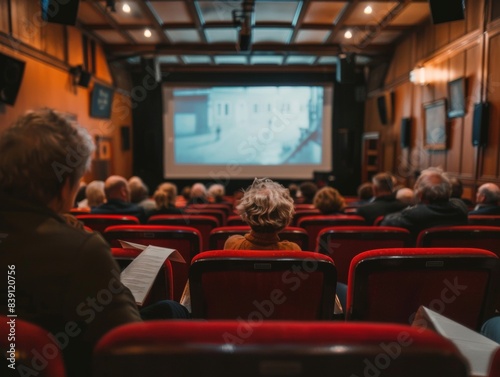 A cozy cinema hall with a blank wide screen rows of red seats