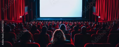 A cinema scene with a blank screen rows of red seats