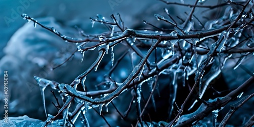Mountain ice storm, close-up on branches and rocks glazed with thick ice, cold blue light, eerie silence. 