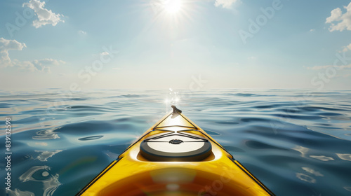 A lone kayak journeys towards the horizon, basking in the tranquil vastness of the open sea.