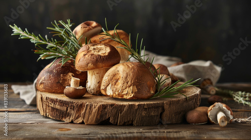 Gourmet mushrooms rest on a wooden slab in a rustic kitchen.