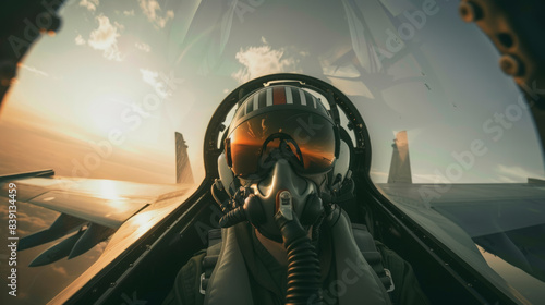 Fighter pilot glancing at the horizon from the cockpit, sunset reflecting on the visor, ready for flight.
