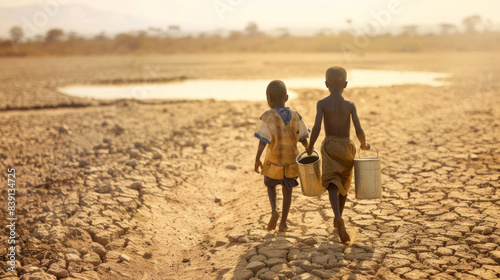 Two children stride purposefully across a sun-soaked, cracked landscape carrying water.