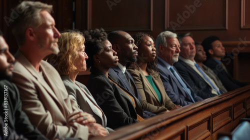 Diverse jurors engaged in court proceedings, embodying the gravity of justice.