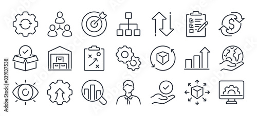 Operation management and business administration editable stroke outline icons set isolated on white background flat vector illustration. Pixel perfect. 64 x 64.