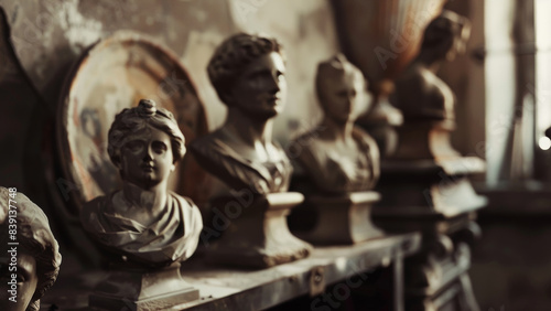 A collection of classical bust sculptures, arranged in a dusty, aged room, evokes a sense of historical heritage and art appreciation.