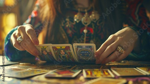 Fortune teller tells fortunes using tarot cards, she holds cards in her hands