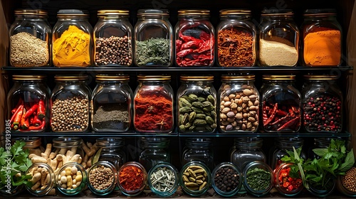 A vibrant display of fresh and packaged spices, each container neatly organized and labeled
