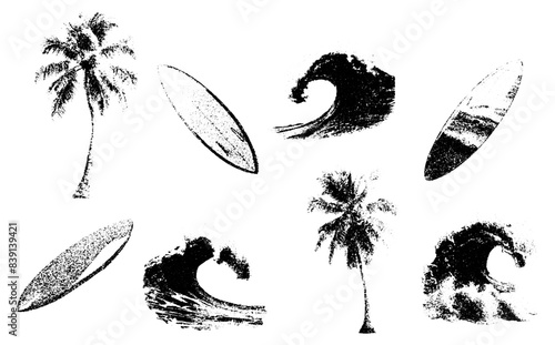 monochrome vector rockstar coconut palm tree wave ocean board surf summer in mezzotint photocopy effect, for grunge punk y2k collage design. elements. brutalist vintage illustration music poster.