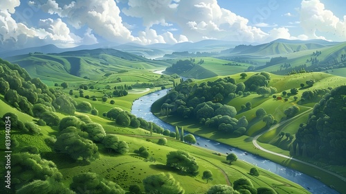 A rolling countryside with lush green hills and a meandering river.