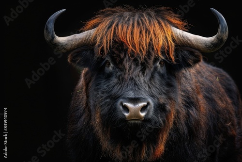 Mystic portrait of Yak, copy space on right side, Anger, Menacing, Headshot, Close-up View Isolated on black background