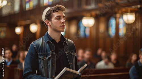 young Jewish man standing in a synagogue, holding a prayer book. He is wearing a kippah and a denim jacket, and appears to be engaged in a religious service. synagogue interior