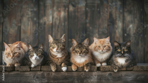 A captivating line-up of six cats gazing with curiosity against a wooden backdrop.