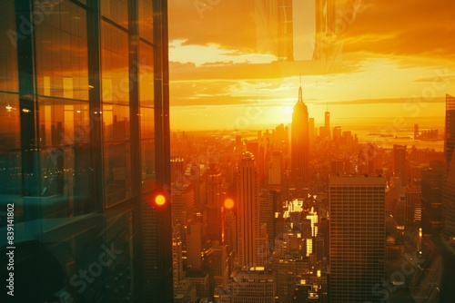 skyline from a high sky rise building in the sunrise time.