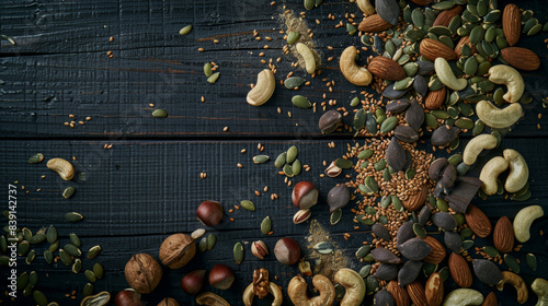 A rustic wooden table strewn with an assortment of nuts and seeds, showcasing a healthy, earthy, and natural lifestyle.