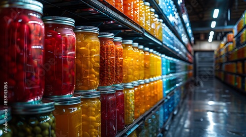 Rows of neatly arranged canned goods, each can perfectly aligned and reflecting the store's bright lights
