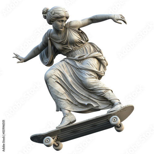 Greek female statue on a skateboard ,isolated on white background , PNG die-cut, clipart