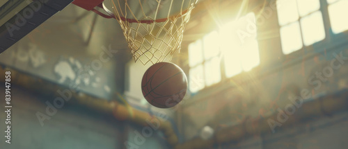 A basketball swishes through the net, capturing a moment of triumph under a radiant glow.
