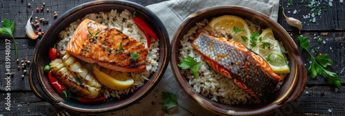 Syrdak, Salmon Steak and Rice on Natural Moss Background, Sea Bass and Red Fish Fillet