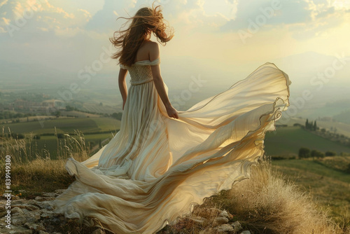 A woman in a flowing dress against a scenic landscape