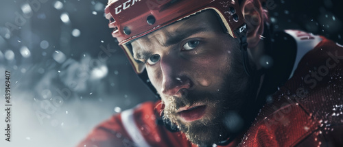 Intense hockey player during a match, ice and determination in his eyes.