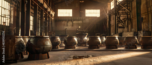 A serene distillery room filled with large wooden barrels, bathed in soft light.