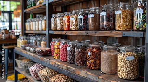 Shelves stocked with an assortment of nuts and dried fruits, each package perfectly placed and labeled