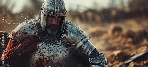 Medieval knight on battlefield, last survivor after destruction of war, dramatic historic reenactment, Generative AI