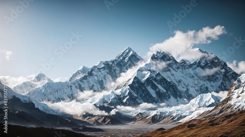 fantastic landscape of Himalayan peaks mountain with snow cap at the top and hills and valley for multimedia content creation 