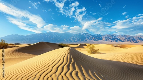 A serene desert landscape with rolling sand dunes and a bright blue sky.