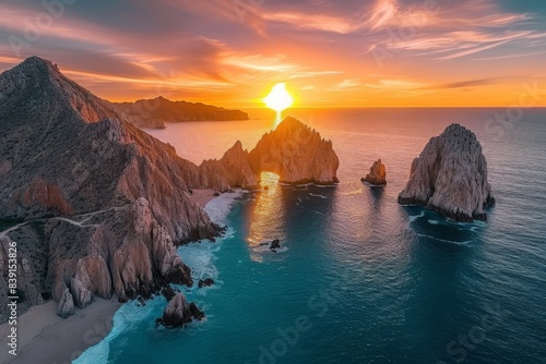 Sunset aerial photo of the Cabo San Lucas Arch taken in Land's End, Baja California Sur. Generative AI