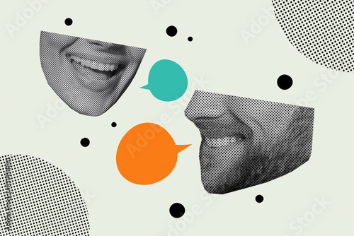 Creative trend collage of female man heads talking mouth speech bubble communication weird freak bizarre unusual fantasy