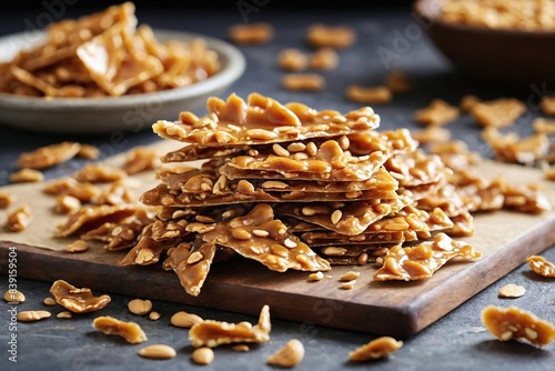 Peanut Brittle: a batch of homemade peanut brittle broken into irregular pieces.