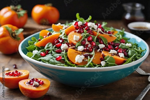 Persimmon Salad: a vibrant salad featuring slices of ripe persimmon, arugula, pomegranate seeds, goat cheese, and a drizzle of balsamic glaze.