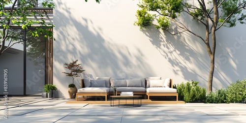 couch and table in a small courtyard area with a tree and a wall behind it