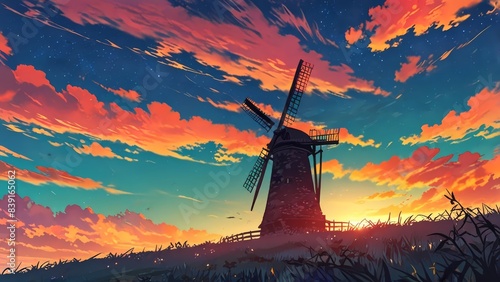 Windmill at sunset, nature, clouds Anime style illustration, flat vector illustration, anime background