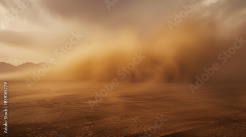 View of a sand storm in the desert creating a moving dense wall of sand