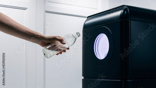 Woman Using Automated Machine for Plastic Bottle Recycling and Refund