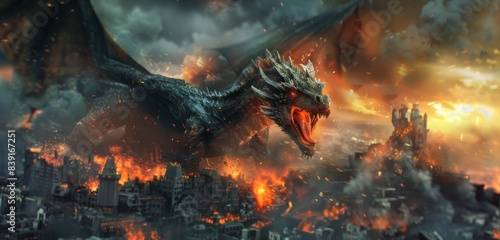 The black dragon that is spitting out a breath of fire is causing chaos.