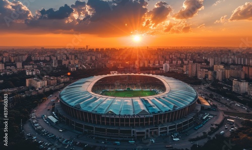 aerial view of modern soccer stadium with city around in sunset
