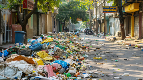 City street littered with garbage. Piles of household waste, including plastic bottles, bags and other rubbish, accumulate along the road. The scene conveys a feeling of disorder and neglect.