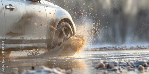 Tires of a car creating splashes on a slushy road. Concept Car Photography, Tires, Splashes, Slushy Road, Action Shot