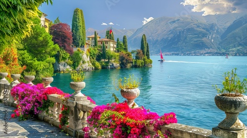 Lake Como Scenic View: Luxury Villas and Spectacular Gardens in Varenna, Italy - Travel Destination Concept