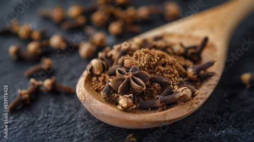 Ground cloves carefully placed in a wooden spoon, their intense aroma wafting against a dark, dramatic backdrop.