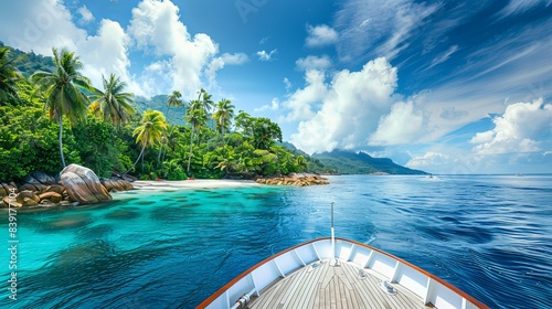 Luxury Cruise Boat Anchored by Tropical Seychelles Island with Pristine Waters