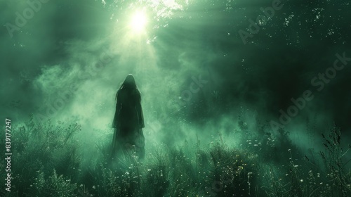 The silhouette of a cloaked person in a dark, misty forest with sunlight streaming in.