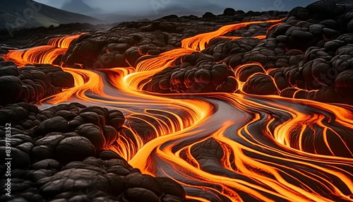 A volcanic landscape of steaming lava flowing in an Icelandic landscape.