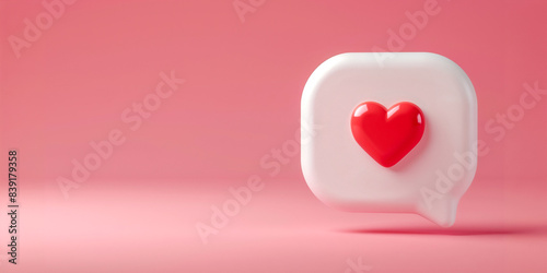 3D rendering icon of a social media heart on a pink background. A love concept for Instagram, Facebook or other community banner designs. A cute clay element. A white speech bubble with a red heart