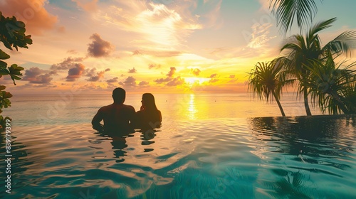 Romantic Beach Getaway: Luxury Honeymoon Couple's Tropical Vacation in Exquisite Hotel Setting