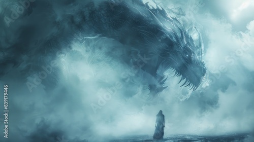 The silhouette of a person about to face a huge dragon in thick white mist.